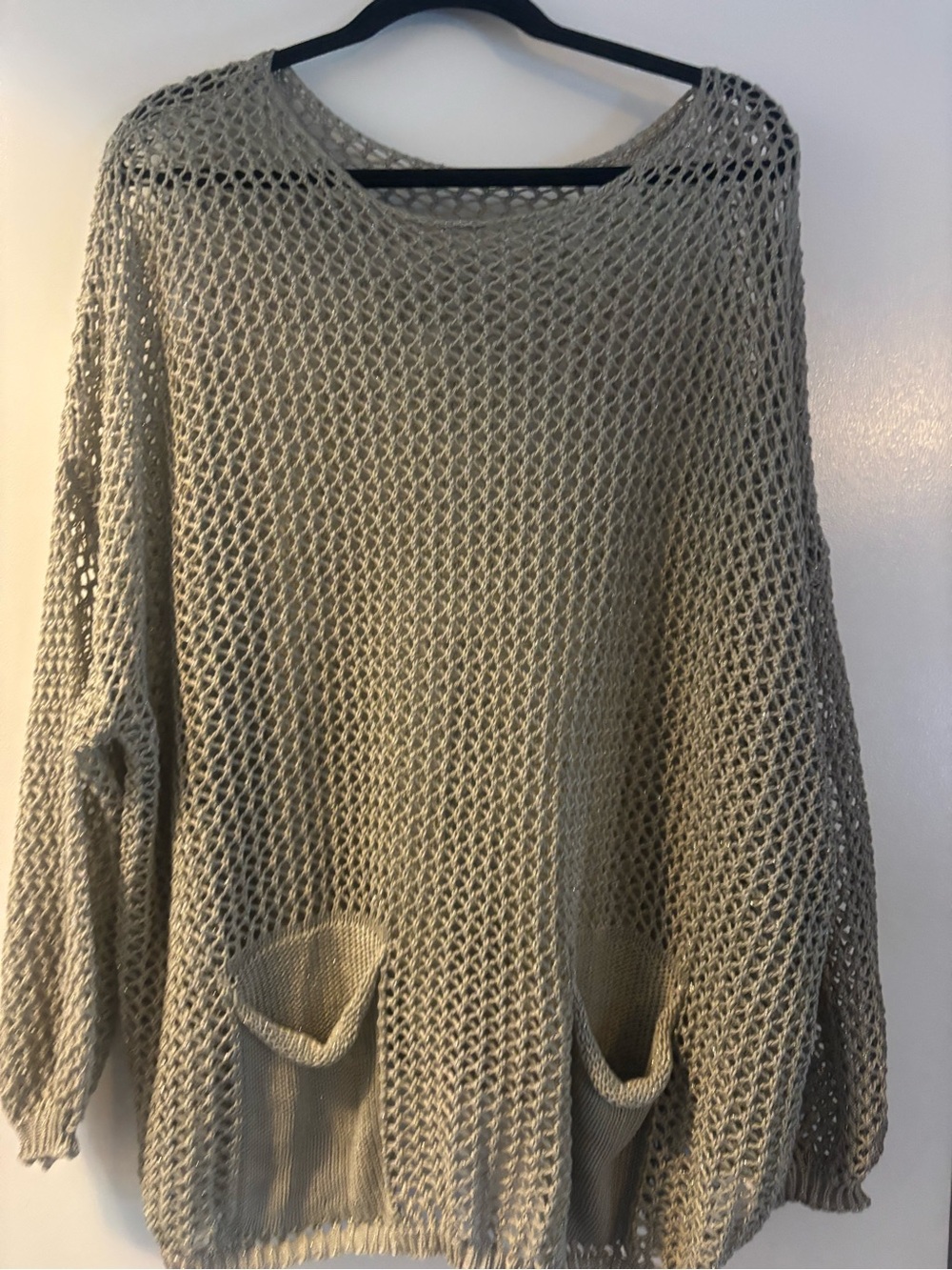 Open-Knit Pocket Sweater in Taupe